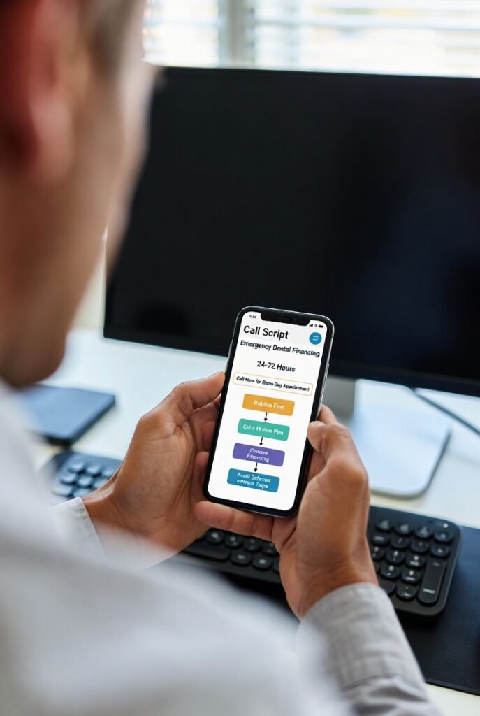 Emergency dental financing 24–72 hour flowchart showing stabilize first, get a written plan, choose financing, and avoid deferred interest traps.