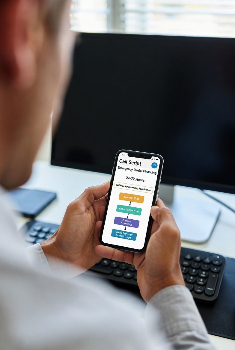 Emergency dental financing 24–72 hour flowchart showing stabilize first, get a written plan, choose financing, and avoid deferred interest traps.