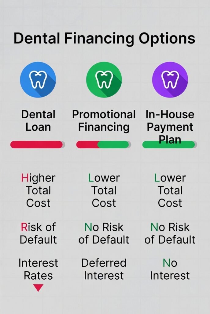 Dental loans compared with promotional financing and in-house payment plans, highlighting total cost risk and deferred interest.
