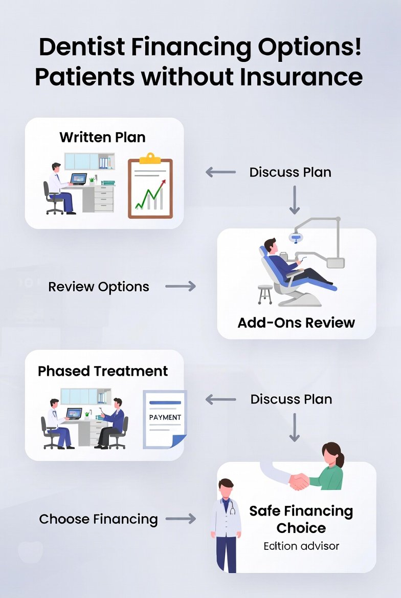 Dentist financing without insurance step-by-step flowchart showing written plan, add-on review, phased treatment, and safe financing choice.