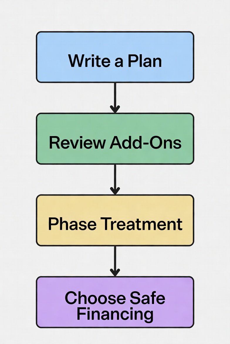 Checklist for financing dental work without insurance covering scope clarity, phased care, plan type, penalty triggers, and over-borrowing risk.