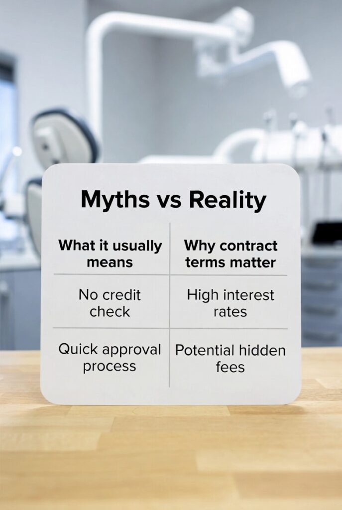 Myths vs reality table explaining what no credit check dental financing usually means and why contract terms matter.