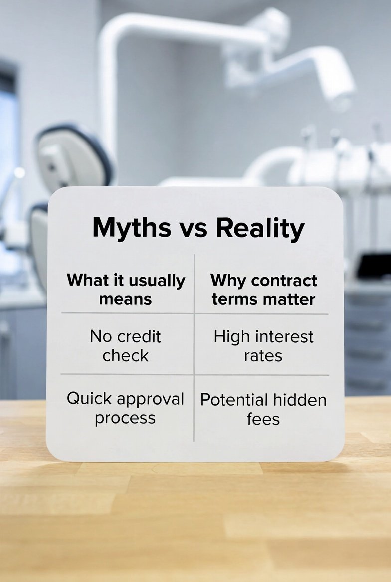 Myths vs reality table explaining what no credit check dental financing usually means and why contract terms matter.