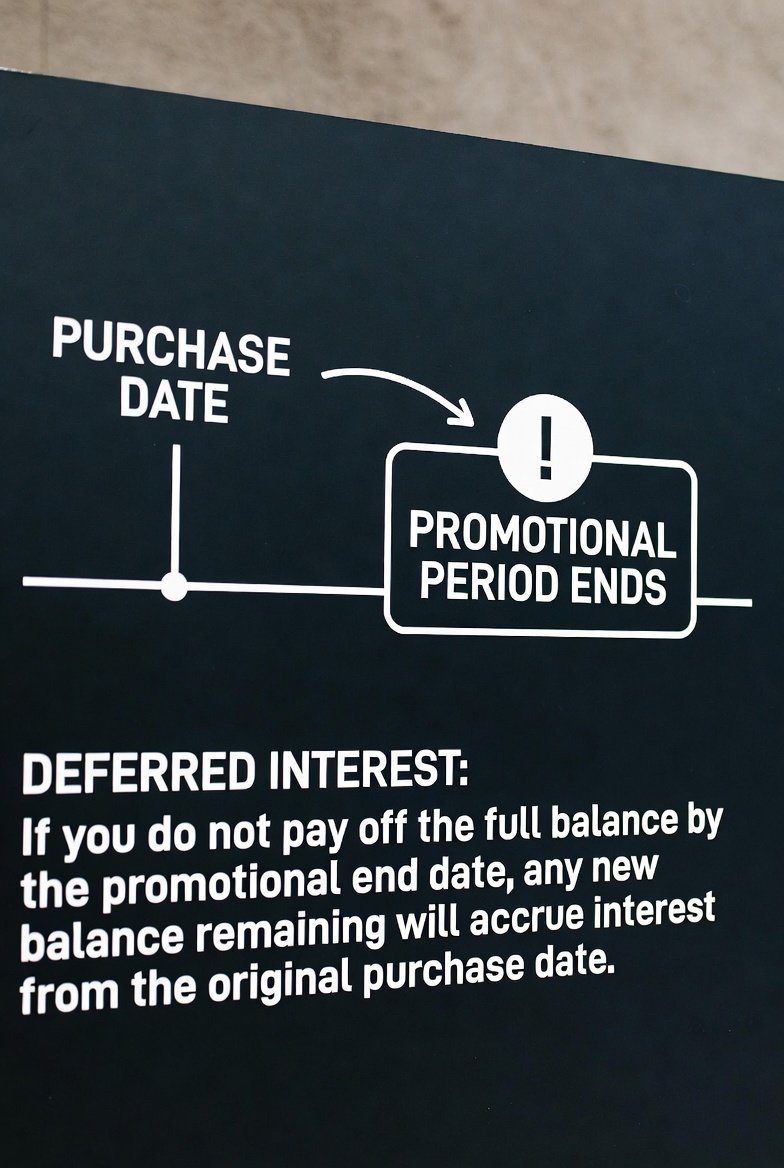 Deferred interest timeline showing interest accrues from purchase date and may be charged if balance is not paid in full by the promotional deadline.