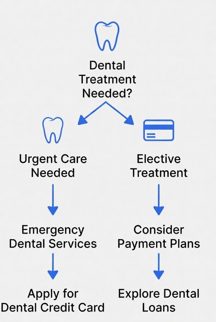 Decision tree for dental financing with bad credit showing urgent care versus elective treatment paths.