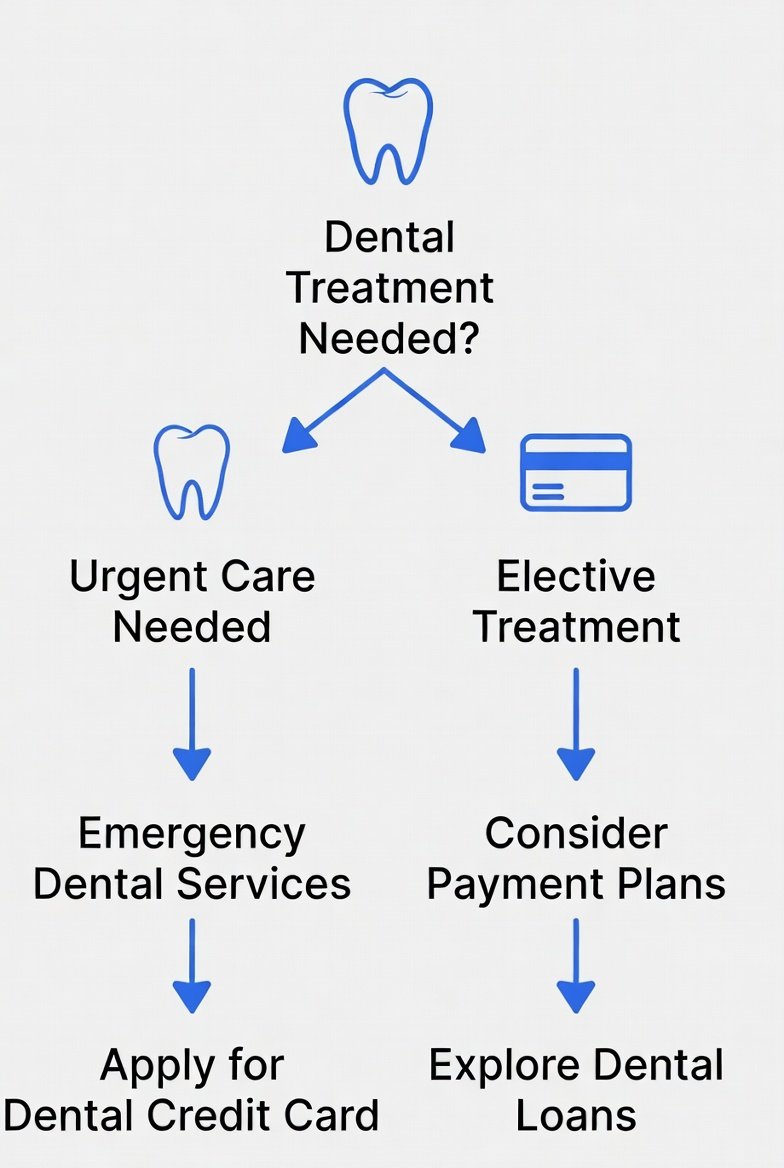 Decision tree for dental financing with bad credit showing urgent care versus elective treatment paths.
