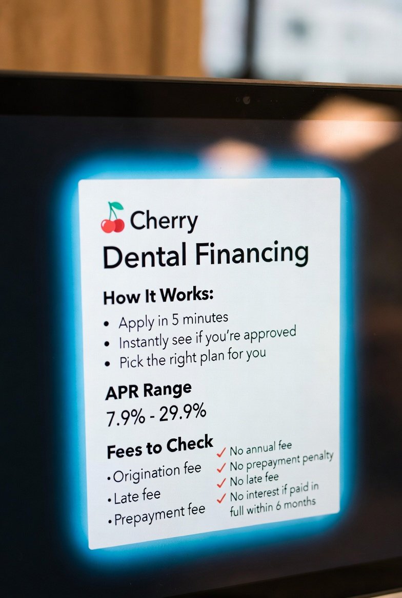 Cherry dental financing fees including late fee, NSF fee, and 2.99 percent credit card processing